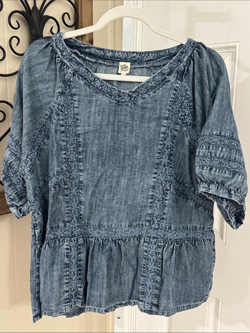 ivy jane Blue Denim Embroidered Peasant Top